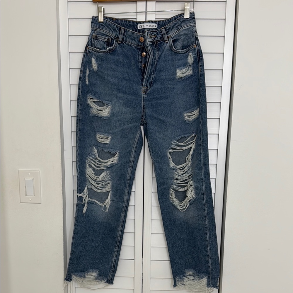 Zara Blue Boyfriend Jeans with Distressed Details